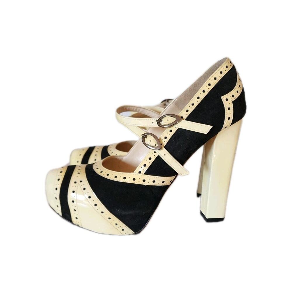 Marchez Vous Italian Spectator Pumps Sz 9 Black/Yellow 5" Heels Mary Jane Retro - Picture 4 of 14